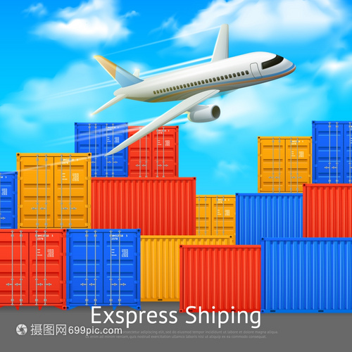 快遞貨運(yùn)集裝箱海報(bào)快遞海報(bào)與同顏色的貨物集裝箱露天儲存飛機(jī)矢量插圖